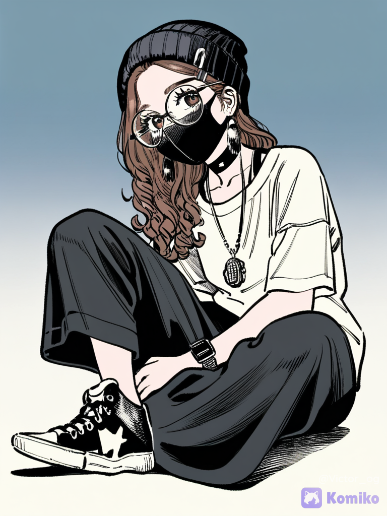 1girl, @victor-lu82, leaning back, sitting on the ground, expressionless, depressed, t-shirt, bohemian shirt, wide-leg pants, face mask, earrings, necklace, choker, beanie, glasses, pearls, digital watch, loose hair, messy hair, tousled hair, long curly hair, dark brown eyes, long eyelashes, high-top sneakers, charcoal black, full body, closeup, looking at viewer, gradient background, clean background, [dark-lolita-style]