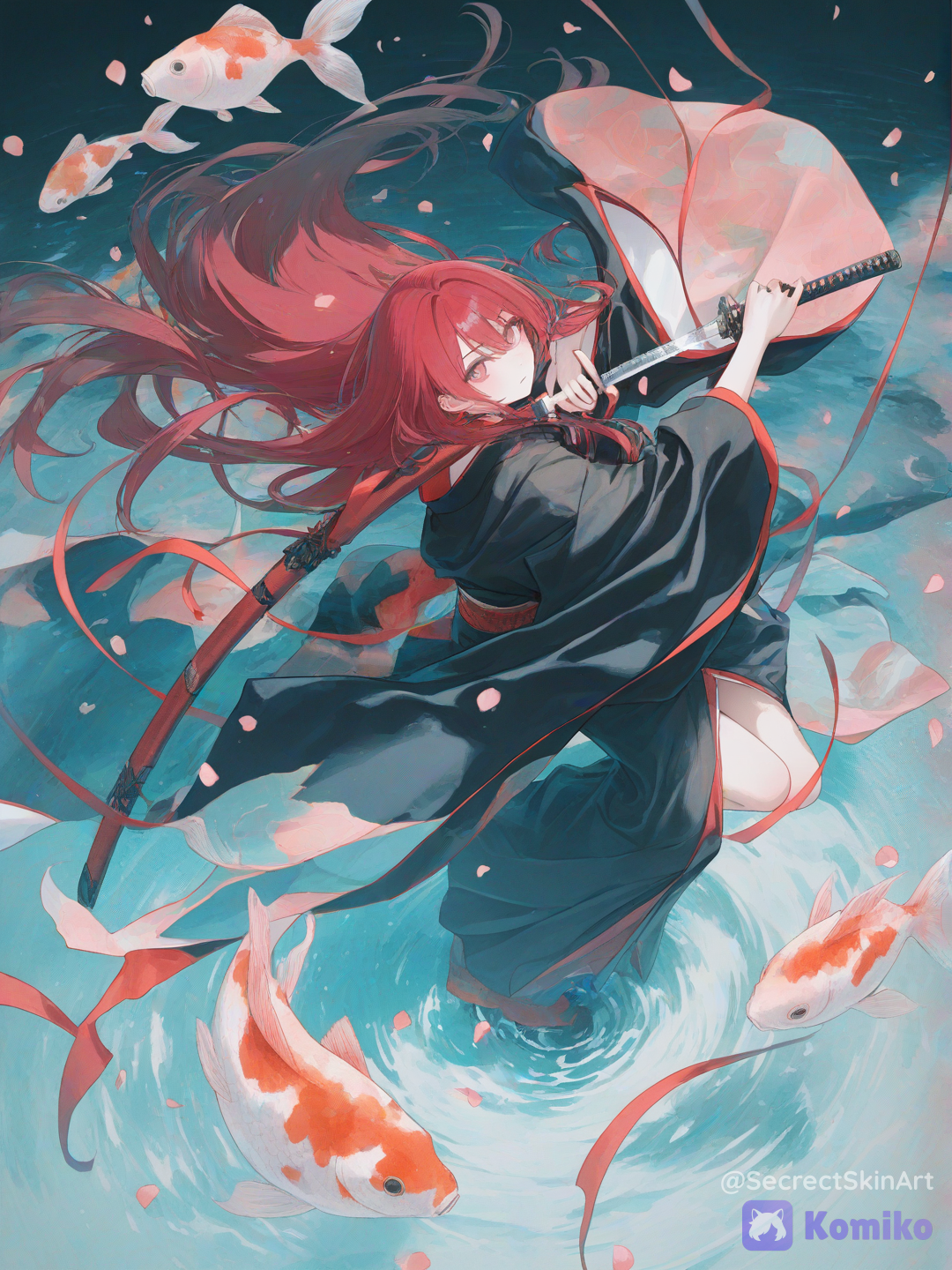 Hermosa japonesa con pelo rojo, con un kimono negro con bordes rojos, cabello largo, ella está desenfundando una Katana mientras gira en el lugar y el kimono gira con ella. Se encuentra en un estanque zen rodeada por peces carpas. Su expresión es serena.[soft-pastel-style]