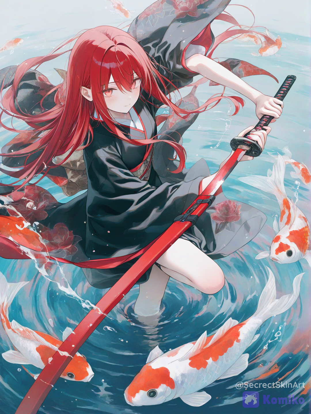 Hermosa japonesa con pelo rojo, con un kimono negro con bordes rojos, cabello largo, ella está desenfundando una Katana mientras gira en el lugar y el kimono gira con ella. Se encuentra en un estanque zen rodeada por peces carpas. Su expresión es serena.[soft-pastel-style]