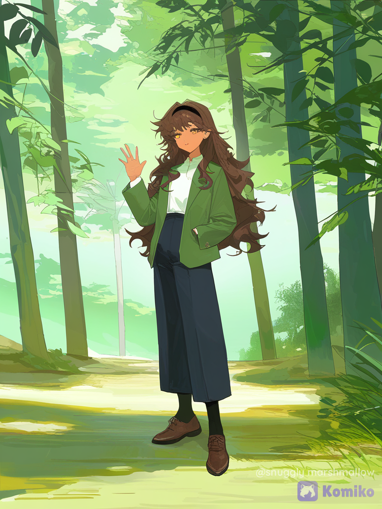 [faded-canvas-style], 1girl, tanned skin, hazel eyes, hands in pockets, waving, school uniform, blazer long green, polo shirt waith, casual pants black, brown shoes, hairband black, dark brown hair, frizzy hair, tangled hair, wavy hair, messy hair tousled hair, long hair, olive green, wide shot, forest, witch outfit