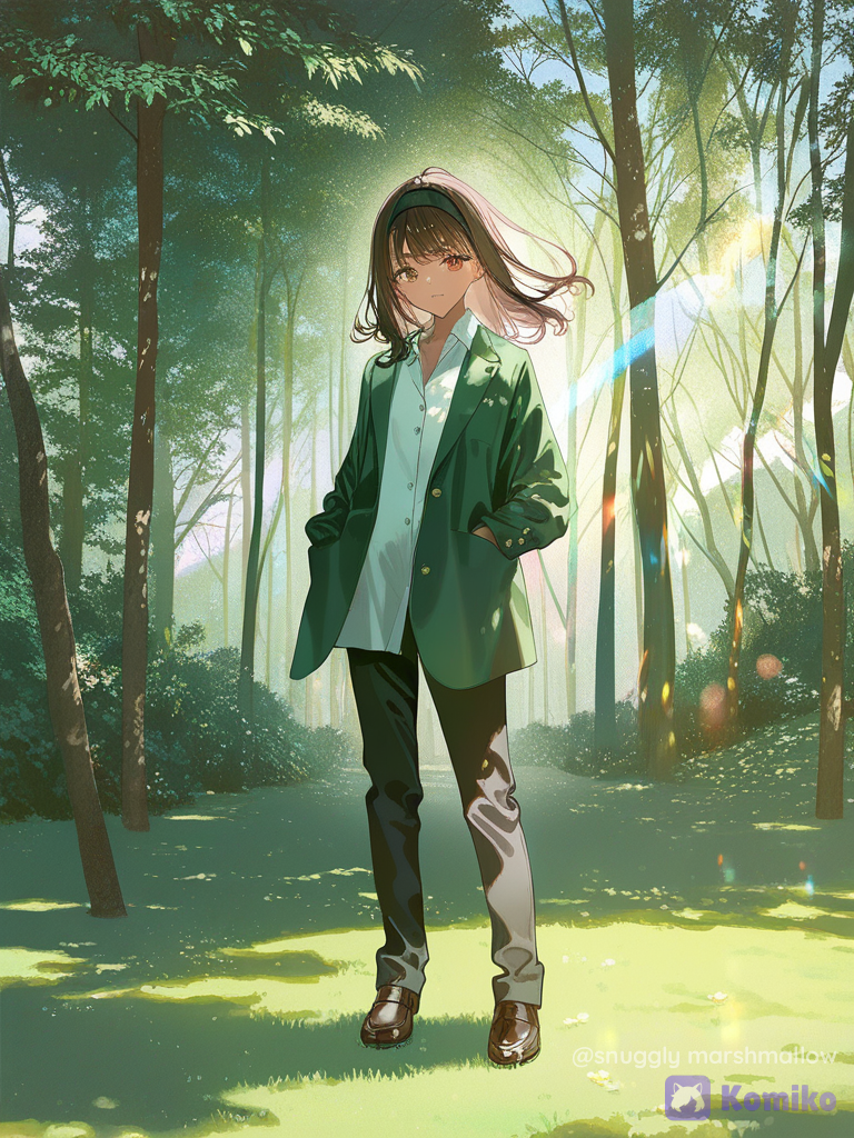 [iridescent-style], 1girl, tanned skin, hazel eyes, hands in pockets, waving, school uniform, blazer long green, polo shirt waith, casual pants black, brown shoes, hairband black, dark brown hair, frizzy hair, tangled hair, wavy hair, messy hair tousled hair, long hair, olive green, wide shot, forest, witch outfit