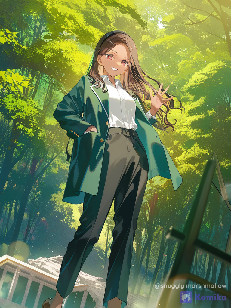 [iridescent-style], 1girl, tanned skin, hazel eyes, hands in pockets, waving, school uniform, blazer long green, polo shirt waith, casual pants black, brown shoes, hairband black, dark brown hair, frizzy hair, tangled hair, wavy hair, messy hair tousled hair, long hair, olive green, wide shot, witch outfit, smile, forest, ruins