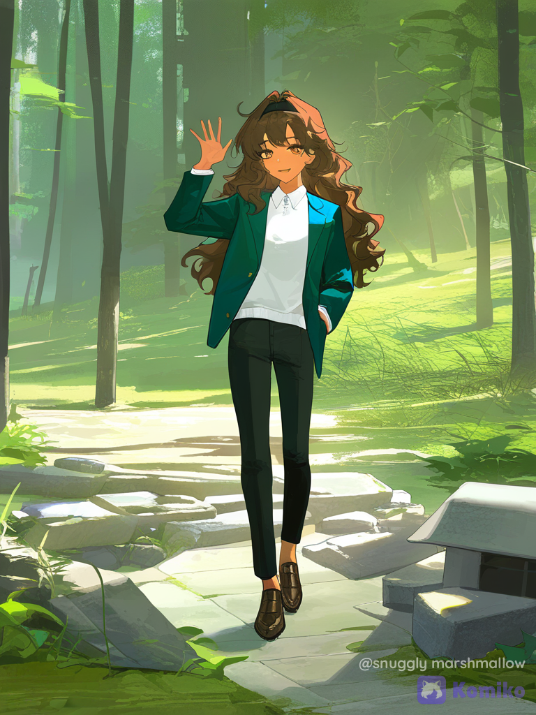 [faded-canvas-style], 1girl, tanned skin, hazel eyes, hands in pockets, waving, school uniform, blazer long green, polo shirt waith, casual pants black, brown shoes, hairband black, dark brown hair, frizzy hair, tangled hair, wavy hair, messy hair tousled hair, long hair, olive green, wide shot, witch outfit, smile, forest, ruins