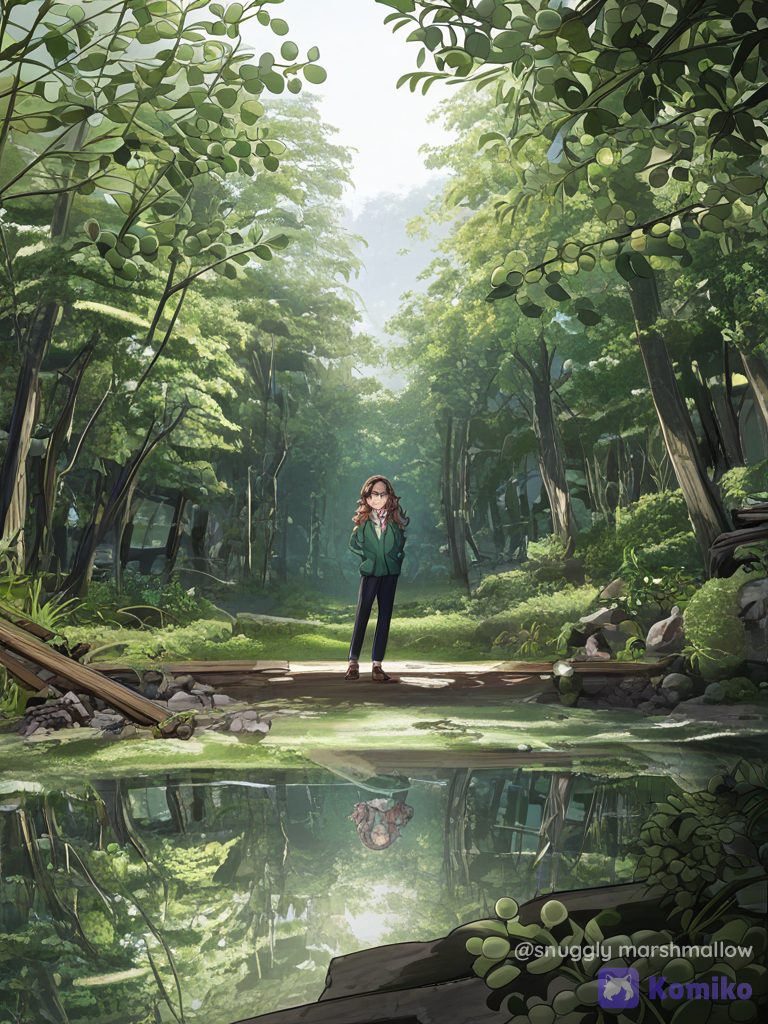 [ethereal-fantasy-style], 1girl, tanned skin, hazel eyes, hands in pockets, waving, school uniform, blazer long green, polo shirt waith, casual pants black, brown shoes, hairband black, dark brown hair, frizzy hair, tangled hair, wavy hair, messy hair tousled hair, long hair, olive green, wide shot, witch outfit, smile, forest, ruins