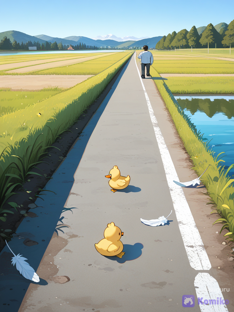 Duck crossing road with baby chicks near a body of water
