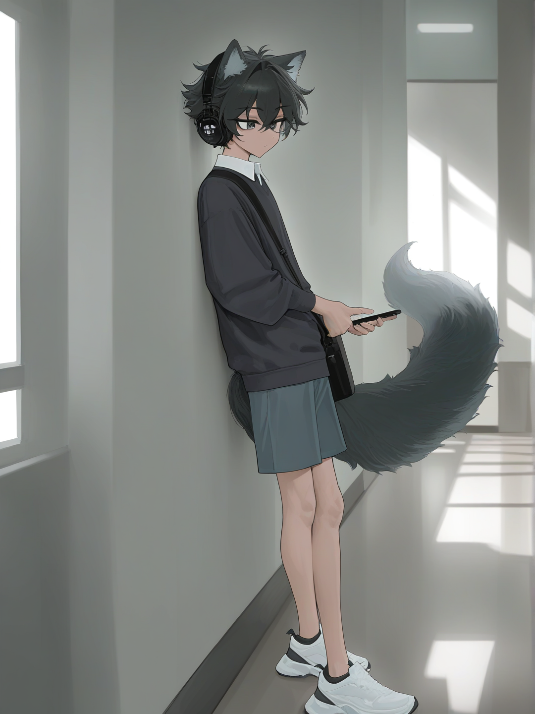 [vibrant-anime-style], 1boy, adolescent (17 ans), metisse, mystérieux, beau, looking at phone, leaning against wall, expressionless, polo shirt, American school uniform, ears and tail of grey wolf 🩶, headphones, short black hair, navy blue, headshot, wide shot, rim light couloir d’école, crossbody bag, barck grey eyes, teenager, tall, athletic, curly hair, gray eyes, scar, tan skin, wolf ears