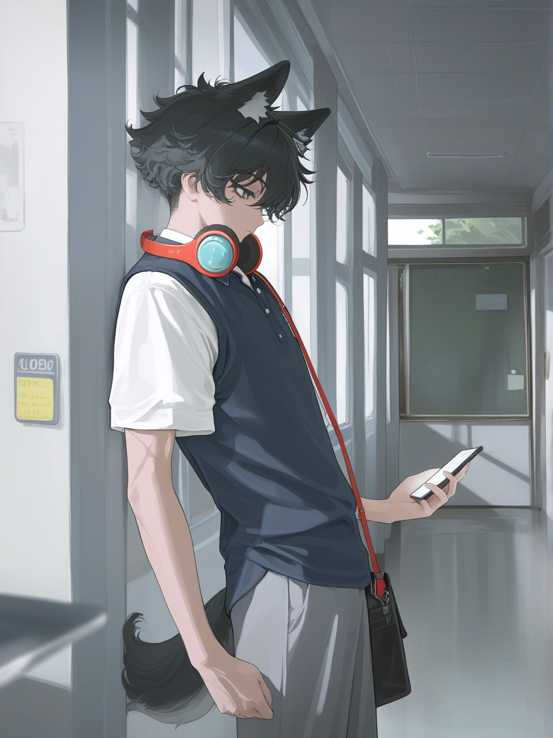 [vibrant-anime-style], 1boy, adolescent (17 ans), metisse, mystérieux, beau, looking at phone, leaning against wall, expressionless, polo shirt, American school uniform, ears and tail of grey wolf 🩶, headphones, short black hair, navy blue, headshot, wide shot, rim light couloir d’école, crossbody bag, barck grey eyes, teenager, tall, athletic, curly hair, gray eyes, scar, tan skin, wolf ears