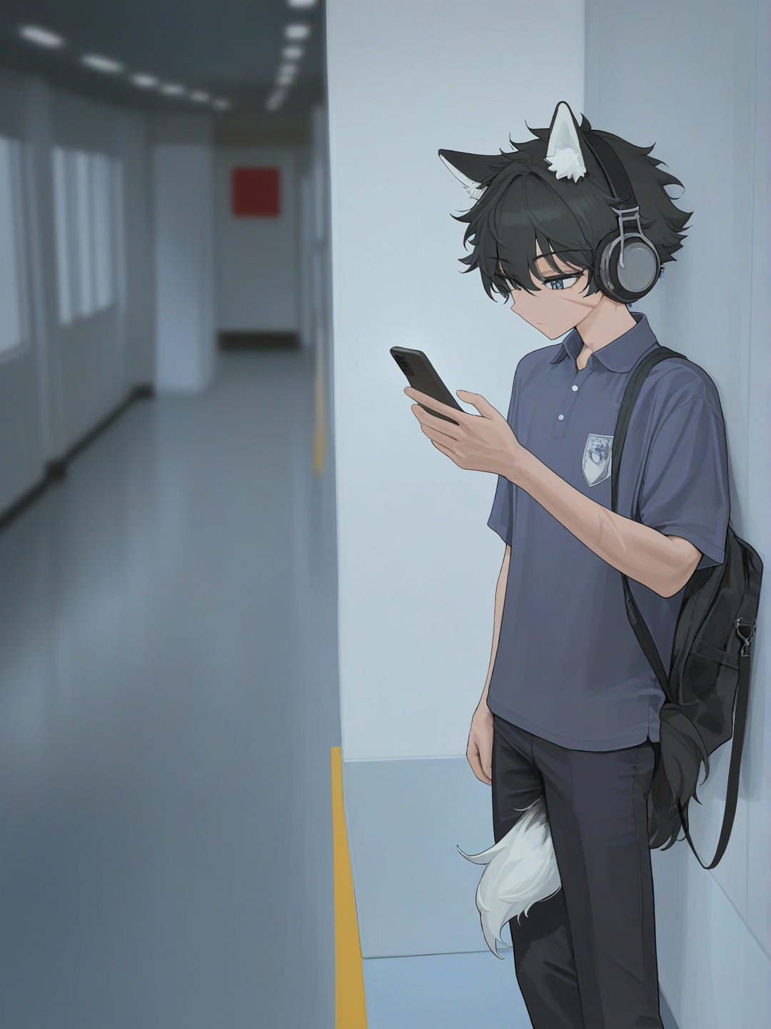 [vibrant-anime-style], 1boy, adolescent (17 ans), metisse, mystérieux, beau, looking at phone, leaning against wall, expressionless, polo shirt, American school uniform, ears and tail of grey wolf 🩶, headphones, short black hair, navy blue, headshot, wide shot, rim light couloir d’école, crossbody bag, barck grey eyes, teenager, tall, athletic, curly hair, gray eyes, scar, tan skin, wolf ears