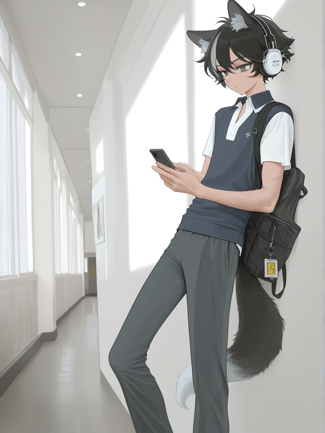 [vibrant-anime-style], 1boy, adolescent (17 ans), metisse, mystérieux, beau, looking at phone, leaning against wall, expressionless, polo shirt, American school uniform, ears and tail of grey wolf 🩶, headphones, short black hair, navy blue, headshot, wide shot, rim light couloir d’école, crossbody bag, barck grey eyes, teenager, tall, athletic, curly hair, gray eyes, scar, tan skin, wolf ears