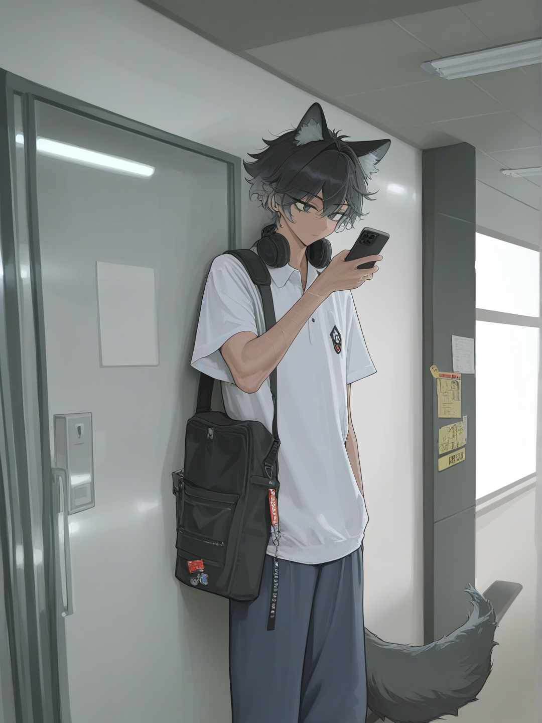 [vibrant-anime-style], 1boy, adolescent (17 ans), metisse, mystérieux, beau, looking at phone, leaning against wall, expressionless, polo shirt, American school uniform, ears and tail of grey wolf 🩶, headphones, short black hair, navy blue, headshot, wide shot, rim light couloir d’école, crossbody bag, barck grey eyes, teenager, tall, athletic, curly hair, gray eyes, scar, tan skin, wolf ears