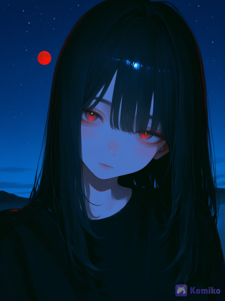 [sweet-painting-style], medium long shot, ultra-wide shot, closeup, night, blue sky, night sky, red moon