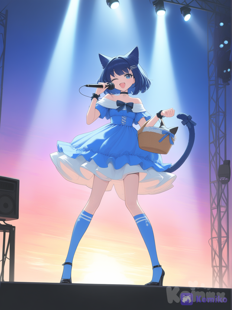 [vibrant-anime-style], 1girl, selfie, smile, choker, hair clip, darck blue medium-length, full body, sunset basket, ears and tail of darck blue cat, rode d’ibol bleu et blanche, off-shoulder dress, bow, strappy heels, knee-high socks, klein blue, singing, one eye closed, spotlight, sunset, stage