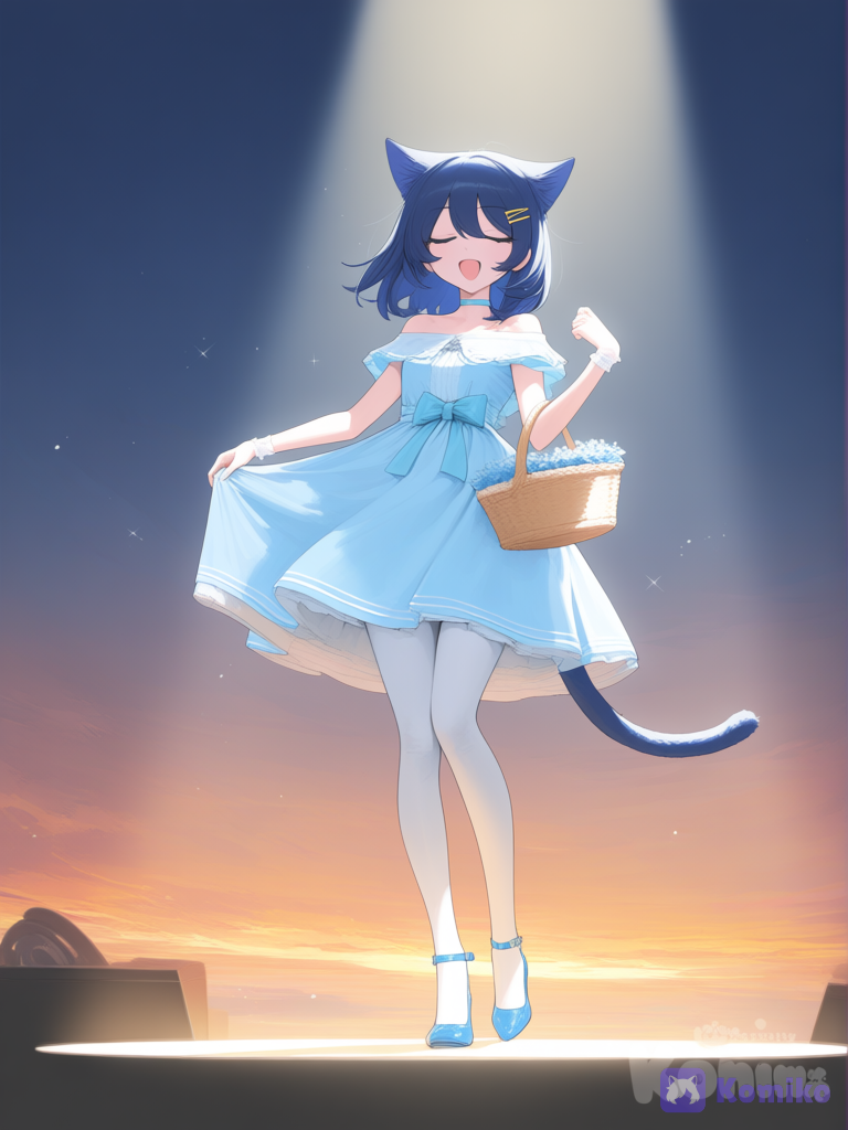 [vibrant-anime-style], 1girl, selfie, smile, choker, hair clip, darck blue medium-length, full body, sunset basket, ears and tail of darck blue cat, rode d’ibol bleu et blanche, off-shoulder dress, bow, strappy heels, klein blue, singing, one eye closed, spotlight, sunset, stage, stockings
