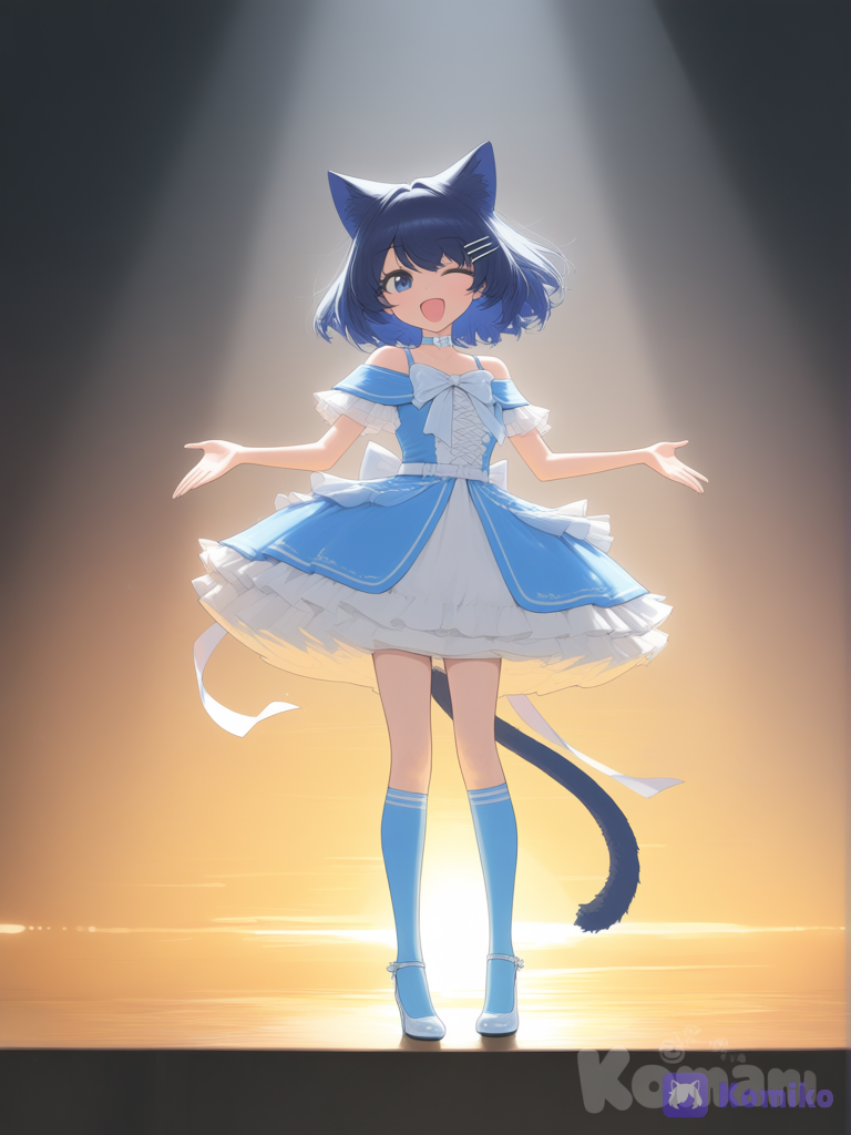 [vibrant-anime-style], 1girl, selfie, smile, choker, hair clip, darck blue medium-length, full body, sunset basket, ears and tail of darck blue cat, rode d’ibol bleu et blanche, off-shoulder dress, bow, strappy heels, klein blue, singing, one eye closed, spotlight, sunset, stage, stockings, knee-high socks