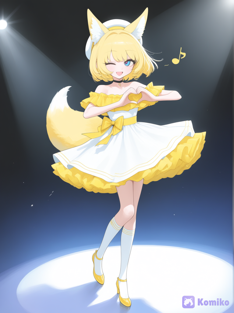 [vibrant-anime-style], 1girl, 1 eye blue and 1 eye pink, singing, dancing, smile, one eye closed, fais un cœur avec ses mains, off-shoulder dress, rode d’idol yellow and withe🤍, beret, choker, bow, fox ears and tail of Yellow Fox, short blonde hair, strappy heels, stockings, knee-high socks, portrait, looking at viewer, spotlight, stage