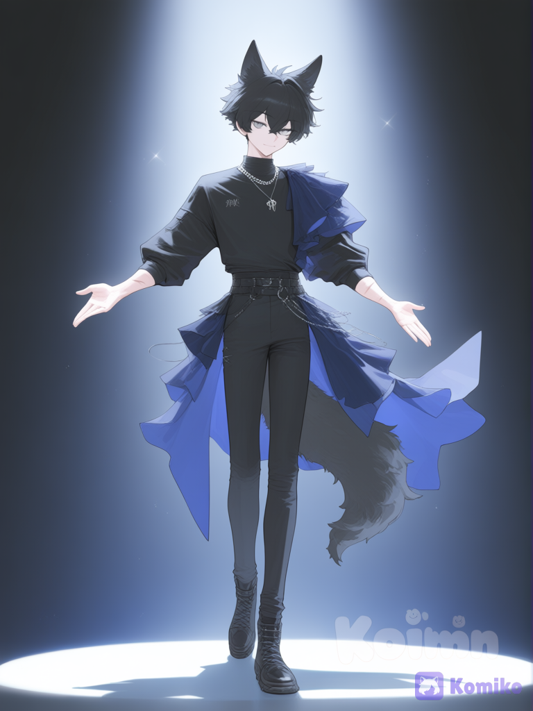 1boy, mystérieux, avec une cicatrice, metisse, singing, dancing, expressionless, smile, tenue d’idole pour homme noir et bleu marine, curry black short hair, grey eyes, wolf ears and tail of grey Wolf, necklace, full body, spotlight, stage, [vibrant-anime-style]