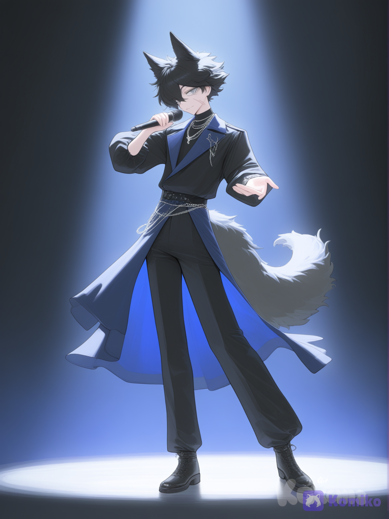1boy, metisse, mystérieux, avec une cicatrice, metisse, singing, dancing, expressionless, smile, tenue d’idole pour homme noir et bleu marine, curry black short hair, grey eyes, wolf ears and tail of grey Wolf, necklace, full body, spotlight, stage, [vibrant-anime-style]