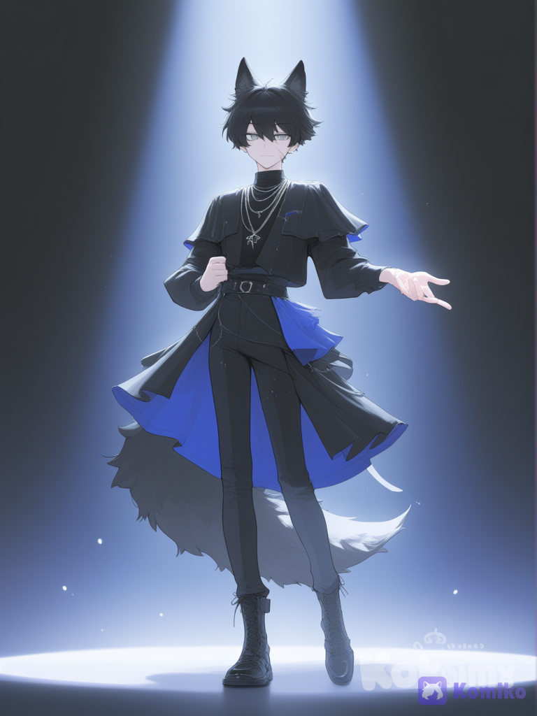 1boy, metisse, mixed-race, mystérieux, avec une cicatrice, metisse, singing, dancing, expressionless, smile, tenue d’idole pour homme noir et bleu marine, curry black short hair, grey eyes, wolf ears and tail of grey Wolf, necklace, full body, spotlight, stage, [vibrant-anime-style]