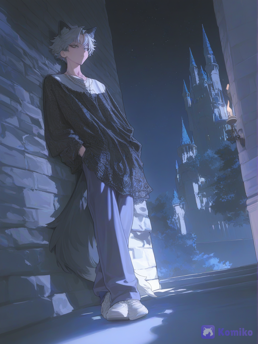 [vibrant-anime-style], 1boy, leaning against wall, metisse, avec une cicatrice, expressionless, royal outfit for man black and marina blue, lace, wool fabric, silk, necklace, wolf ears and tail of grey wolf, short curly black hair, slip-on shoes, navy blue, charcoal black, portrait, over-the-shoulder shot, full body, headshot, night, candlelight, forest, castle, starry sky