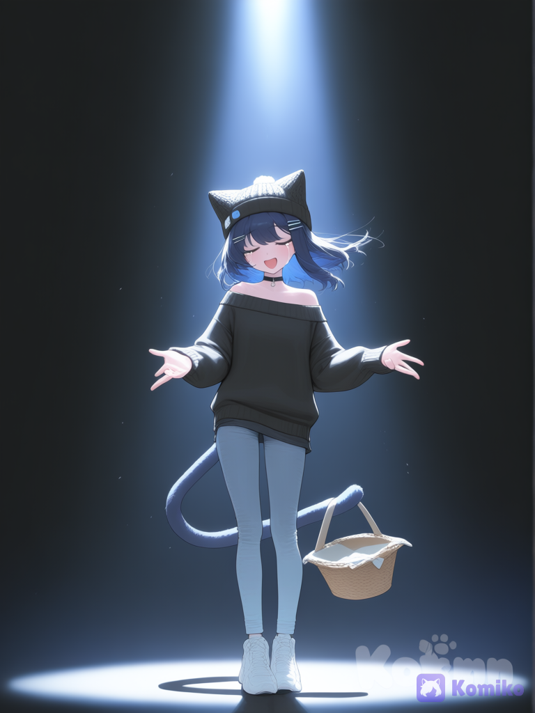 [vibrant-anime-style], 1girl, floating, singing, eyes close, open mouth, crying, smile, black off-shoulder sweater in wool fabric, hair clip, hairpin, choker, knit hat, neckcasual pants, cat ears and tail of barck blue cat, medium-length darck blue hair, basket, klein blue, charcoal black, wide shot, spotlight, stage light, black background, blue eyes