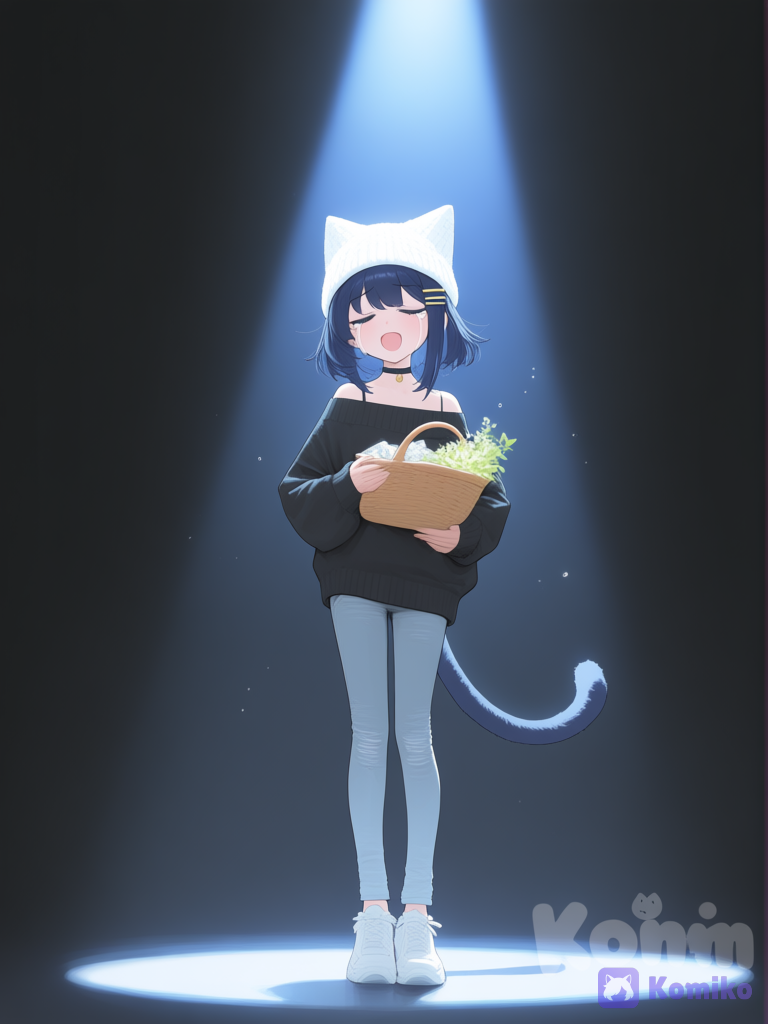 1girl, floating, singing, eyes close, open mouth, crying, smile, black off-shoulder sweater in wool fabric, hair clip, hairpin, choker, knit hat, neckcasual pants, cat ears and tail of barck blue cat, medium-length darck blue hair, basket, klein blue, charcoal black, wide shot, spotlight, stage light, black background, blue eyes, [vibrant-anime-style], PAS DE PANIER