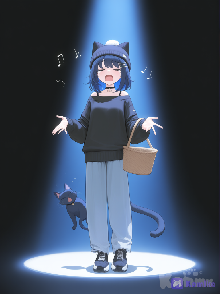 1girl, floating, singing, eyes close, open mouth, crying, black off-shoulder sweater in wool fabric, hair clip, hairpin, choker, knit hat, neckcasual pants, cat ears and tail of barck blue cat, medium-length darck blue hair, basket, klein blue, charcoal black, wide shot, spotlight, stage light, black background, blue eyes, [vibrant-anime-style], PAS DE PANIER
