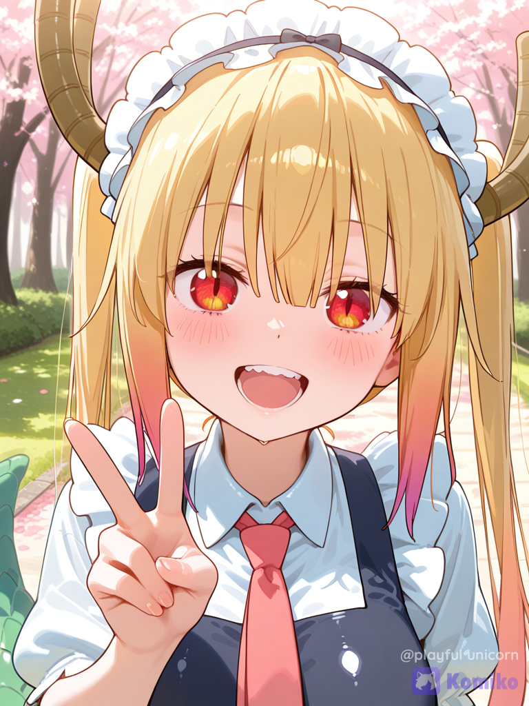 [vivid-oil-cel-style], @Tohru_(Maidragon), 1girl, blush, portrait, v sign, cherry blossom path, golden hour