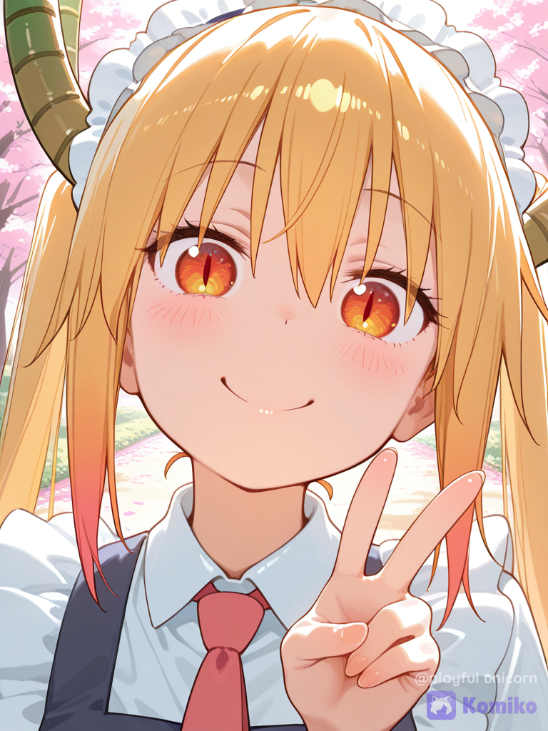 [vivid-oil-cel-style], @Tohru_(Maidragon), 1girl, blush, portrait, v sign, cherry blossom path, golden hour