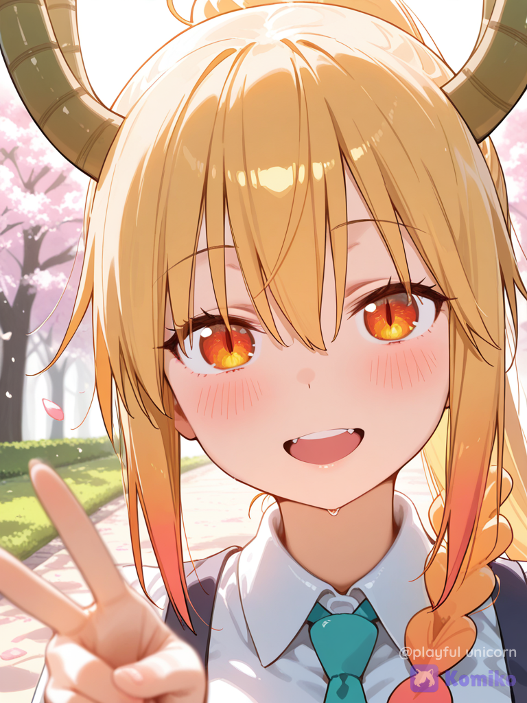 [vivid-oil-cel-style], @Tohru_(Maidragon), 1girl, blush, portrait, v sign, cherry blossom path, golden hour