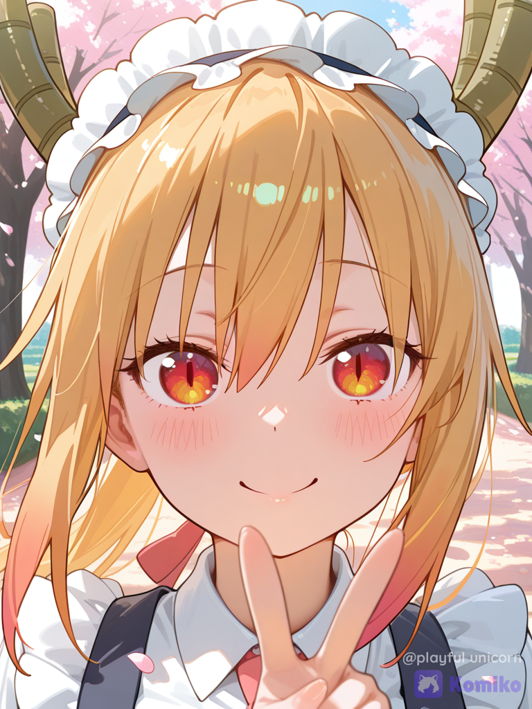 [vivid-oil-cel-style], @Tohru_(Maidragon), 1girl, blush, portrait, v sign, cherry blossom path, golden hour