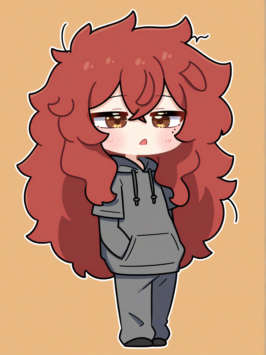 [shiny-eye-chibi-style], 1boy, teenager, fair skin, studs, hoodie, tall, scrawny, brown eyes, pale skin, mature, frizzy hair, t-shirt, pajamas, wide-leg pants, wolf ears, red hair, curly hair, long hair