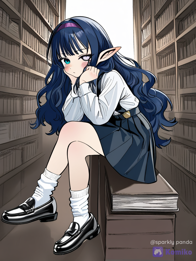 @kelly-shy-xwk1, [dark-lolita-style], holding hair, sitting cross-legged, full body, library, blush