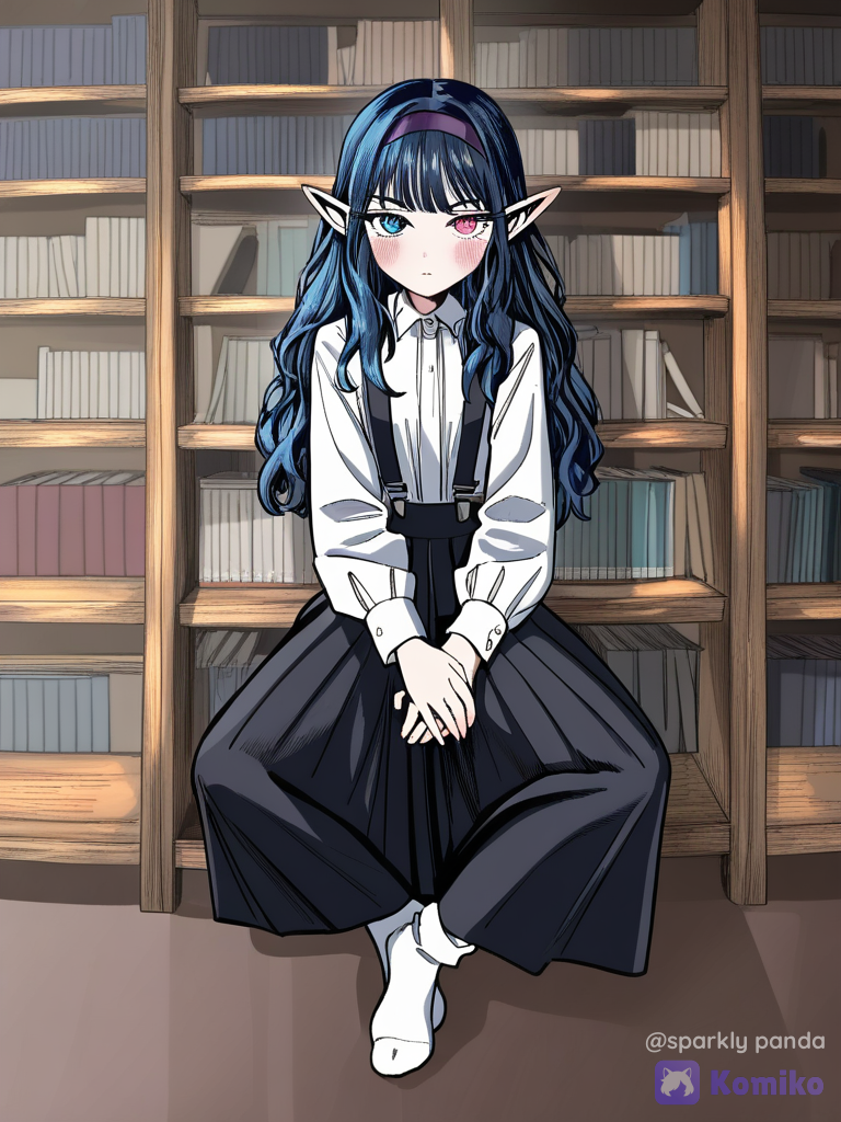 @kelly-shy-xwk1, [dark-lolita-style], holding hair, sitting cross-legged, full body, library, blush