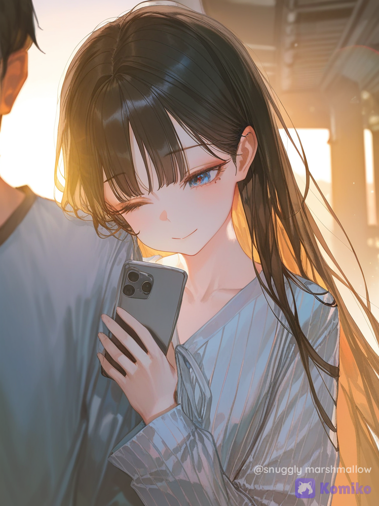 [soft-light-illustration-style], 2people, bohemian shirt, looking at phone, closeup, golden hour, twilight, train station, hugging, one eye closed, 1boy, 1girl, 2people