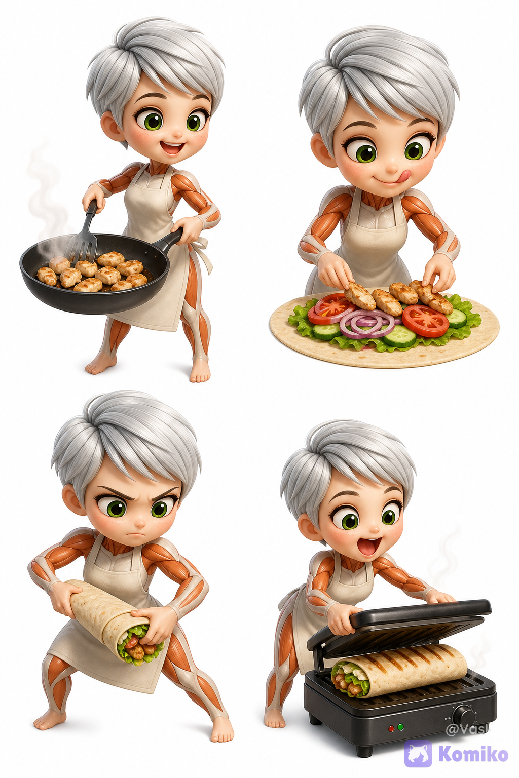 Use female character from reference, solo, create full-body character sheet 2x2 in cute mini chibi style, plot - step-by-step shawarma cooking process: 1. cheerful, smiling, roasts pieces of chicken fillet in a frying pan, light smoke from pan 2. licking his lips with appetite, lively facial expression, lays out the shawarma filling on the pita bread 3. impatient facial expression, wraps the filling in shawarma scroll, dynamic pose 4. hungry facial expression, puts a shawarma scroll in the panini grill, light smoke from food Style and environment instructions: cute kawaii mini chibi style, mobile role-play anime-design style, empty white background, single plot, character in a kitchen apron