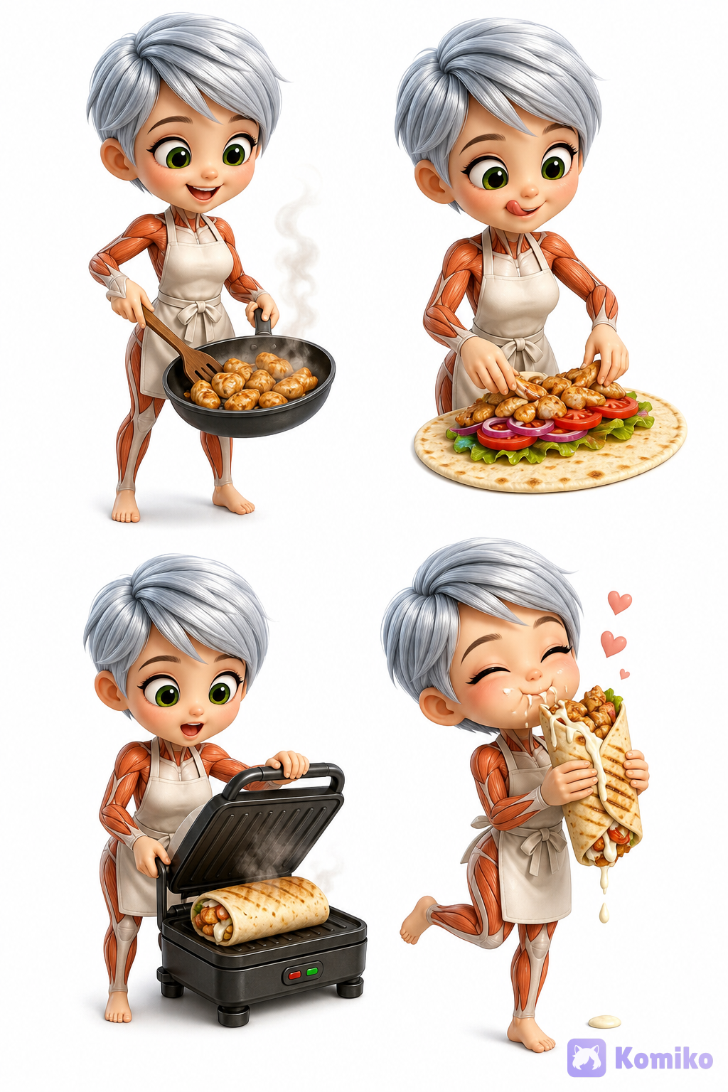 Use female character from reference, solo, create full-body character sheet 2x2 in cute mini chibi style, plot - step-by-step shawarma cooking process: 1. cheerful, smiling, roasts pieces of chicken fillet in a frying pan, light smoke from pan 2. licking his lips with appetite, lively facial expression, lays out the shawarma filling on the pita bread 3. hungry facial expression, puts a shawarma scroll in the panini grill, light smoke from food 4. large piece was bitten off from the shawarma, dripping sauce, bliss on character face, satisfied, mouth full of shawarma, dynamic pose Style and environment instructions: cute kawaii mini chibi style, mobile role-play anime-design style, empty white background, single plot, character in a kitchen apron