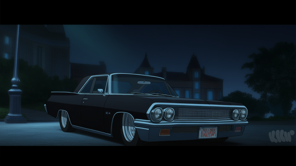 [flat-anime-style], anime screencap, Anime screencap style, official Hazbin Hotel aesthetic by VivziePop, highly 2D animation frame,a car Impala 67 Black color gothic style elegant car design car Black color car