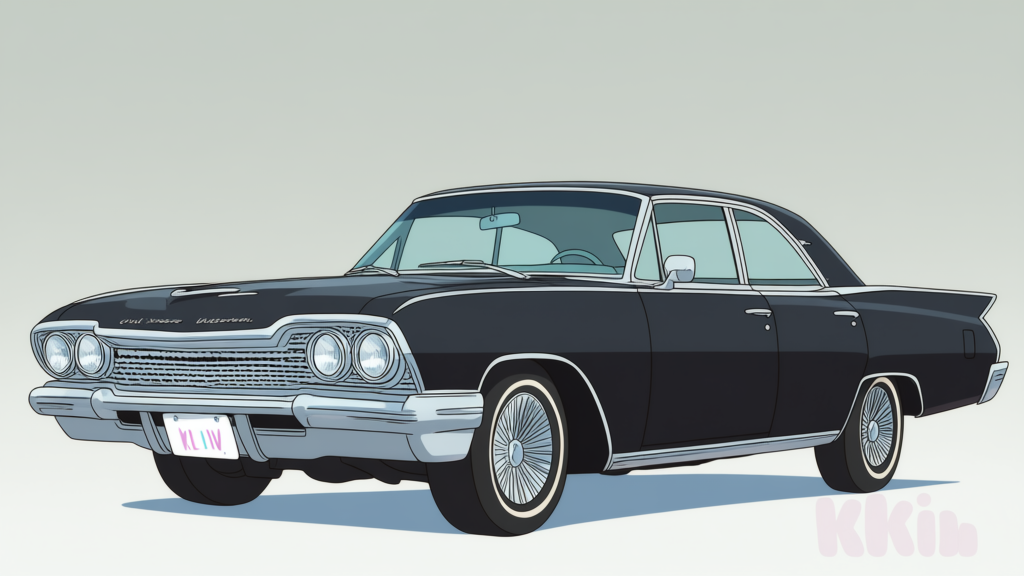 [flat-anime-style], anime screencap, Anime screencap style, official Hazbin Hotel aesthetic by VivziePop, highly 2D animation frame,a car Impala 67 Black color gothic style elegant car design car Black color car,Grey background