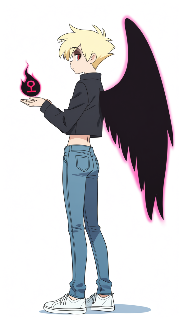 [flat-anime-style], a Male character blonde hair short hair Black Jeans jacket BLUE jeans human character, slim body Thin waist, hazbin hotel anime, White sneakers, Full body, White background aura big wings Shadow,)) Growing symbol big Black aura,Red eyes