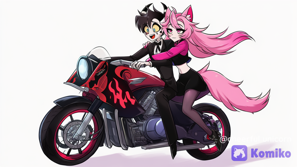 1boy, helluva boss style, vivziepop, hazbin hotel, slim body, thin waist, expressive, black tuxedo, black pants, black shoes, messy black hair, medium-length hair, emo hair, blue eyes, demon boy, small black horns, anime style, in one Harley Davidson evo fat boy Black And flame Red And behind, a female character with long pink hair wearing a crop top, a black skirt, pink nails, pink eyes, cat fluff ears, wolf tail fluff, pink eyes, fringe, pantyhose, high no shoes Behind the motorcycle, clinging to the emo character.hazbin hotel background