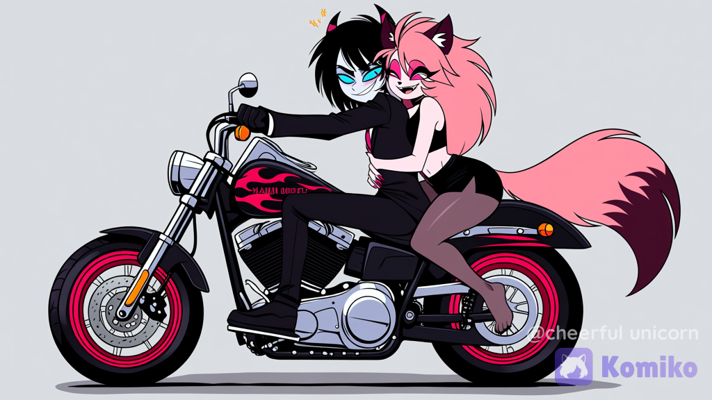 1boy, helluva boss style, vivziepop, hazbin hotel, slim body, thin waist, expressive, black tuxedo, black pants, black shoes, messy black hair, medium-length hair, emo hair, blue eyes, demon boy, small black horns, anime style, in one Harley Davidson evo fat boy Black And flame Red And behind, a female character with long pink hair wearing a crop top, a black skirt, pink nails, pink eyes, cat fluff ears, wolf tail fluff, pink eyes, fringe, pantyhose, high no shoes Behind the motorcycle, clinging to the emo character.hazbin hotel background