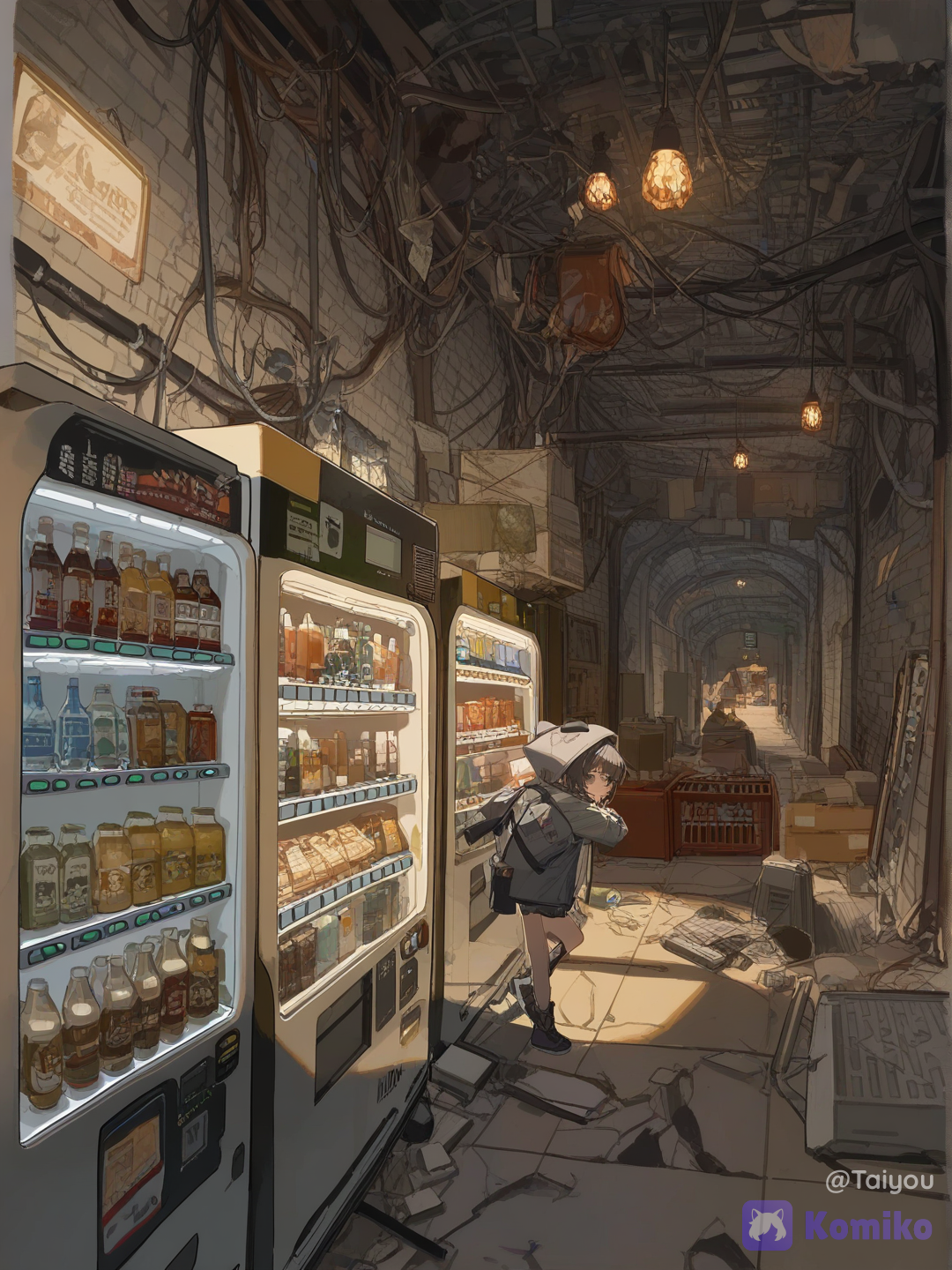 underground market space, low rocky ceiling and stone walls confirming it is below ground, dim enclosed atmosphere, market built directly into the ruins of a fallen modern facility, rows of broken server racks repurposed as stall shelves, cracked wall-mounted screens still displaying faint dead pixel static, shattered holographic terminal frames now dark, exposed structural beams of old reinforced concrete cutting through the rock, salvaged circuit boards and processor chips laid out as traded goods, tangled overhead wiring strung between stalls for makeshift lighting, dim warm bulbs powered by rigged cables, rusted vending machine husks converted into storage crates, crumbling wall sections still bearing faded corporate signage, atmosphere of scavenged old-world technology fused into a survivalist market, jury-rigged and worn, dark fantasy anime style, moody muted color palette with warm scattered light against cold stone and rusted metal, a loose crowd of indistinct figures moving between stalls, no individual faces sense of a bustling underground trade hub, cinematic composition, highly[lacquered-illustration-style]