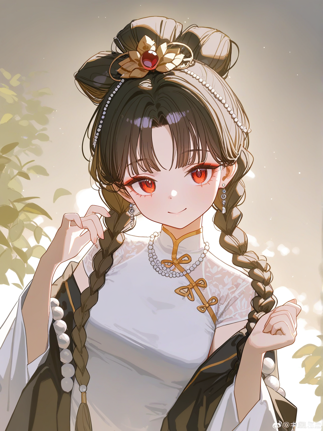 [lacquered-illustration-style]1girl, A beautiful young woman with long, black hair, styled in bangs, possessed captivating dark eyes. She wore a pure white, long-skirted traditional Chinese dress and embroidered white cloth shoes. Two small braids adorned her forehead, and she wore hair ornaments, earrings, and a pearl necklace., teenager
