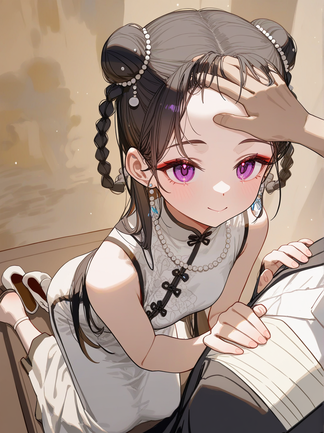 [lacquered-illustration-style]1girl, A beautiful young woman with long, black hair, styled in bangs, possessed captivating dark eyes. She wore a pure white, long-skirted traditional Chinese dress and embroidered white cloth shoes. Two small braids adorned her forehead, and she wore hair ornaments, earrings, and a pearl necklace., teenager