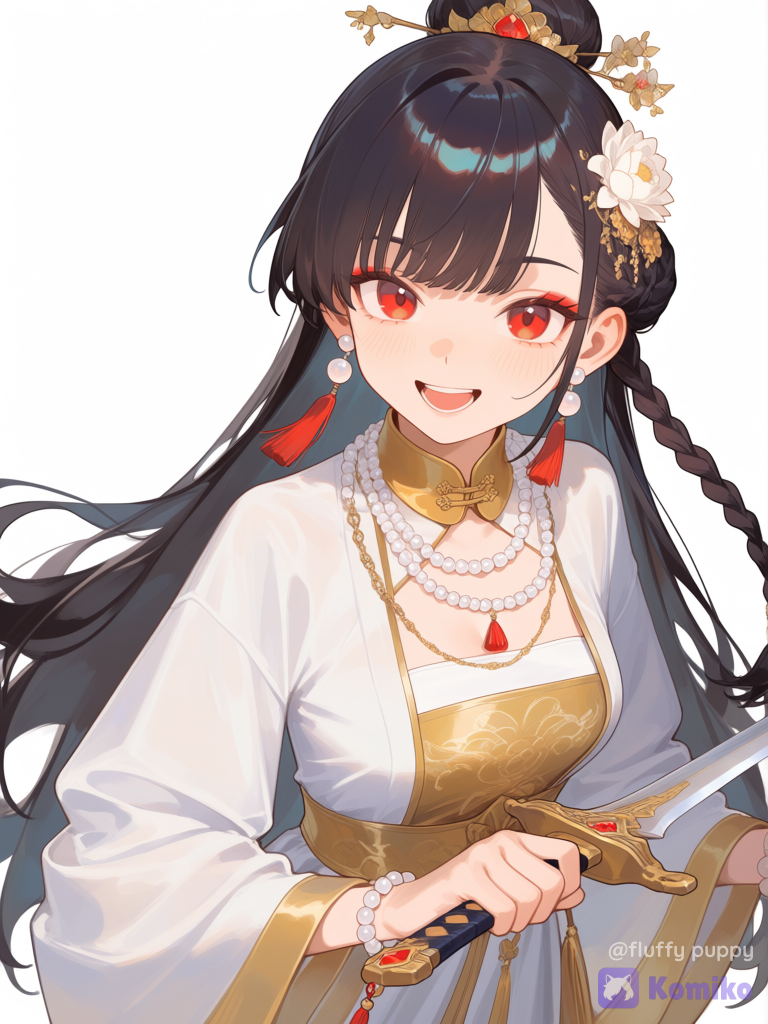 [soft-shading-style], 1girl, @xiao-bai-nAak, holding sword, white hanfu top, pearl accessories., looking at viewer