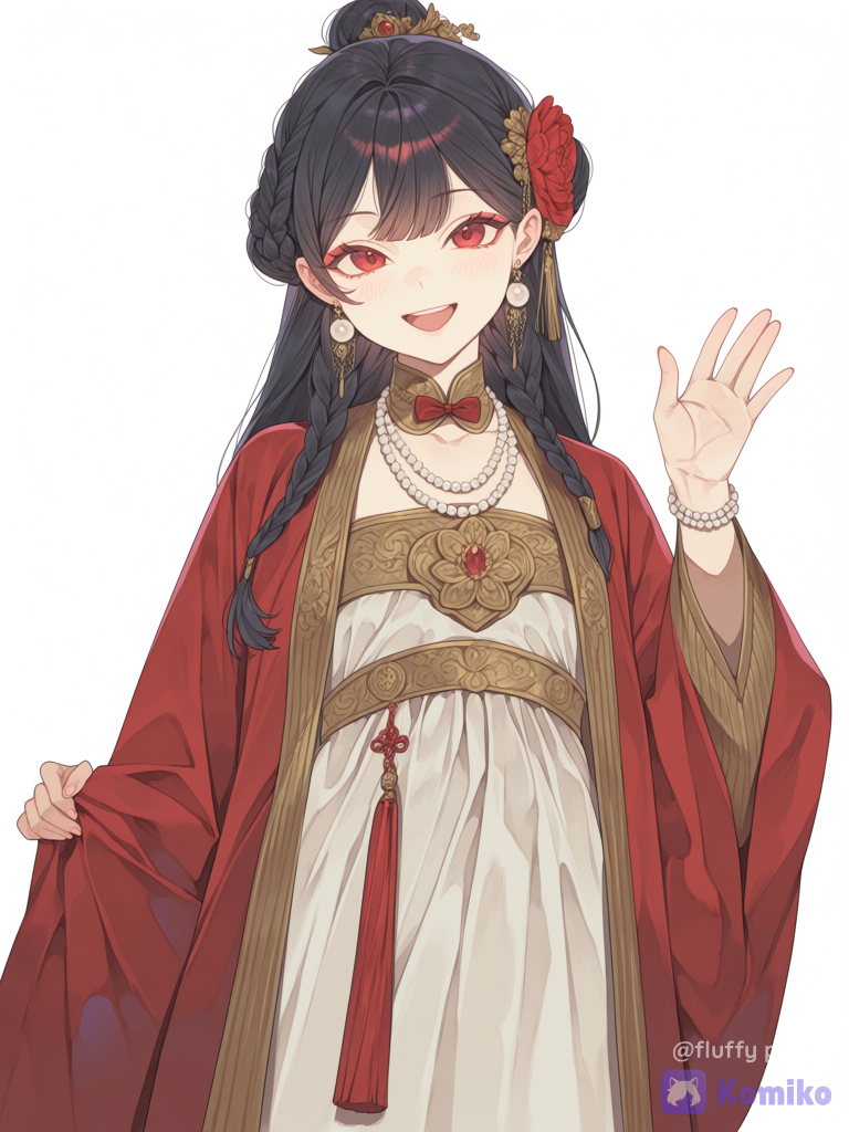 [glimmer-anime-style], @xiao-bai-nAak, waving, hanfu top, medium long shot