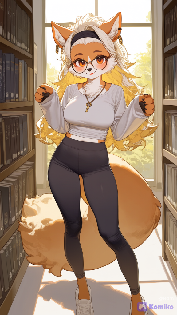 Arcanine, furry, furry female, keyhole shirt, leggings, glasses, hairband, messy hair, earrings, necklace, black nails, lipstick, cute pose, blush, smile, full body, day, library, [lacquered-illustration-style]