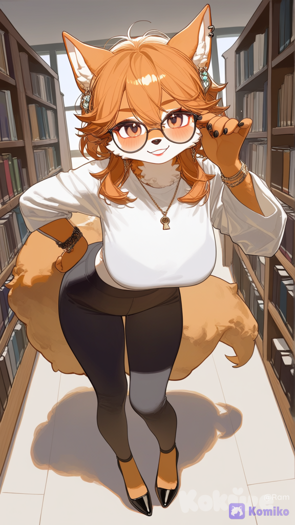 Arcanine, furry, furry female, keyhole shirt, leggings, glasses, messy hair, earrings, necklace, black nails, lipstick, cute pose, blush, smile, full body, day, library, bracelet, [lacquered-illustration-style]