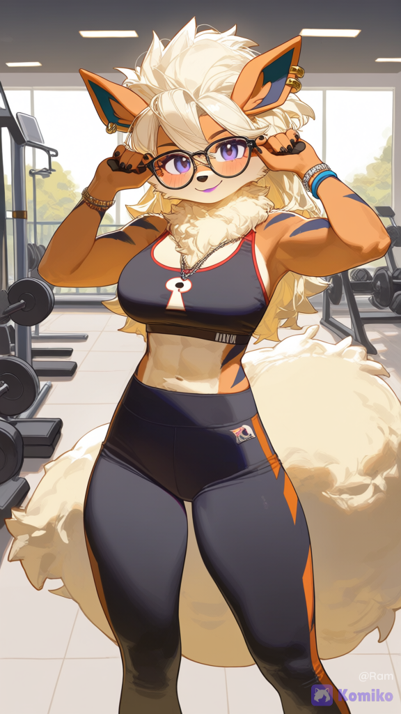 Arcanine, furry, furry female, keyhole shirt, leggings, glasses, messy hair, earrings, necklace, black nails, lipstick, cute pose, blush, smile, full body, day, gym, bracelet, vibrantes, anime pop[lacquered-illustration-style]