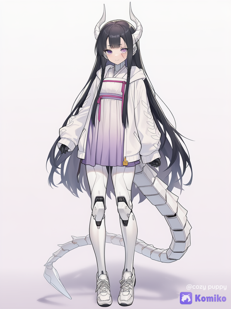 [soft-pastel-style], Robot girl, white dragon horns, black long hair, no bangs, purple left eye, pink right eye, dragon robotic white tail, scar on left eye., full body, hanfu top, teenage age., oversized hoodie